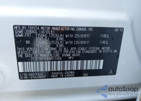 2019 Toyota Rav4 Xle из США, поврежденный, VIN 2T3P1RFV3KW073364